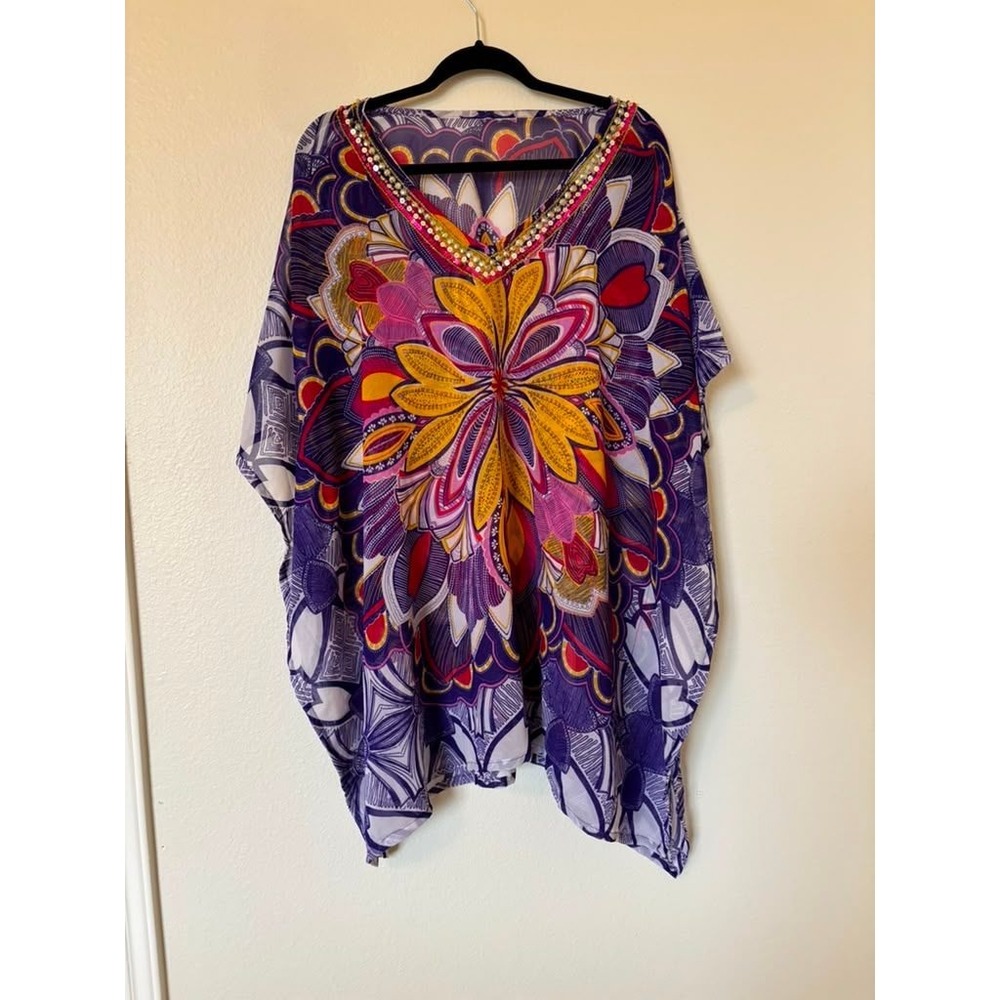 Purple Floral Mandala Embellished Kaftan Tunic Chiffon Beach Cover Up One Size